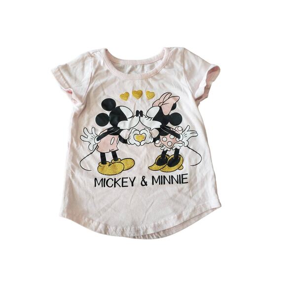 Disney Junior Pink Mickey & Minnie Kissing Hearts Short Sleeved Shirt - Size 2T - Picture 1 of 5